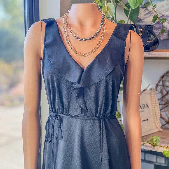 French Connection, Black Maude Drape Ruffle Dress w/ Wrap Front, Women's US 4 - Picture 2 of 11